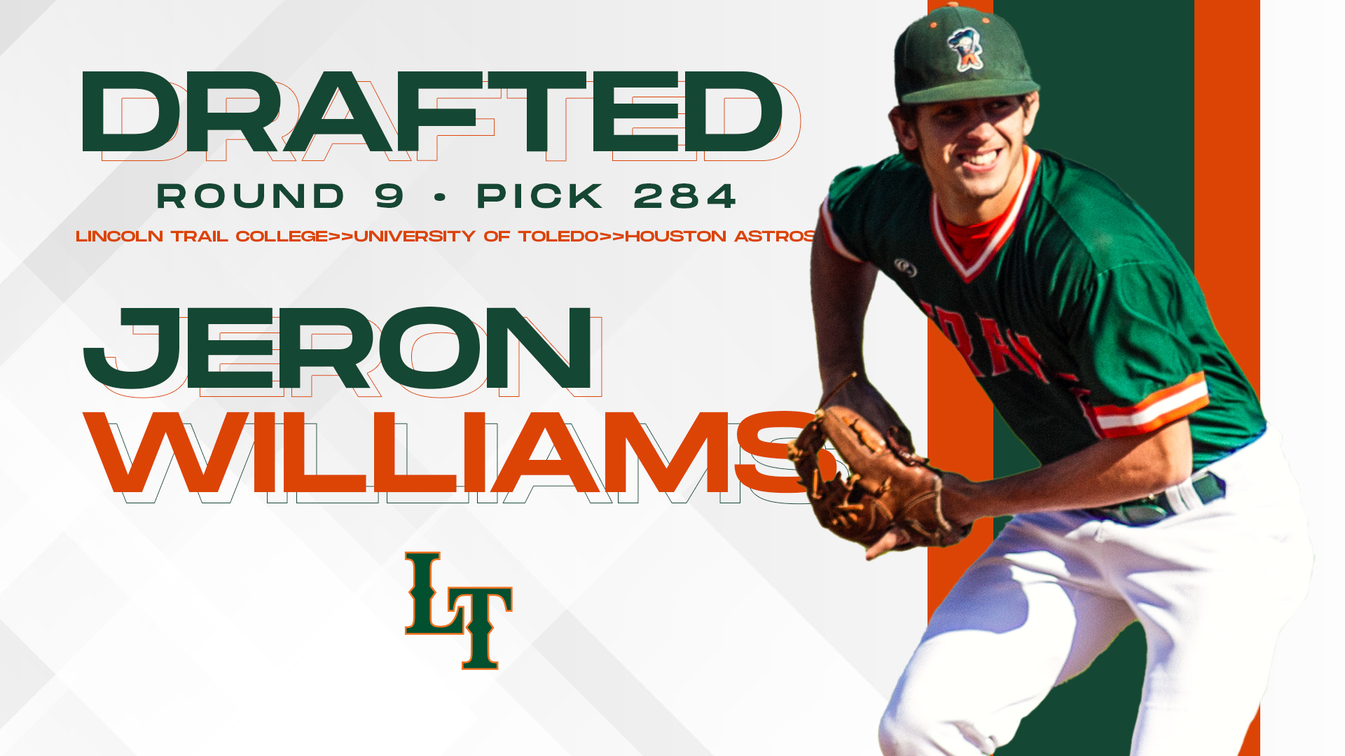 A graphic showing Jeron Williams playing baseball with text that says he was drafted in Round 9 with the 284th pick by the Houston Astros. It also shows that Williams played at Lincoln Trail College before transferring to the University of Toledo.