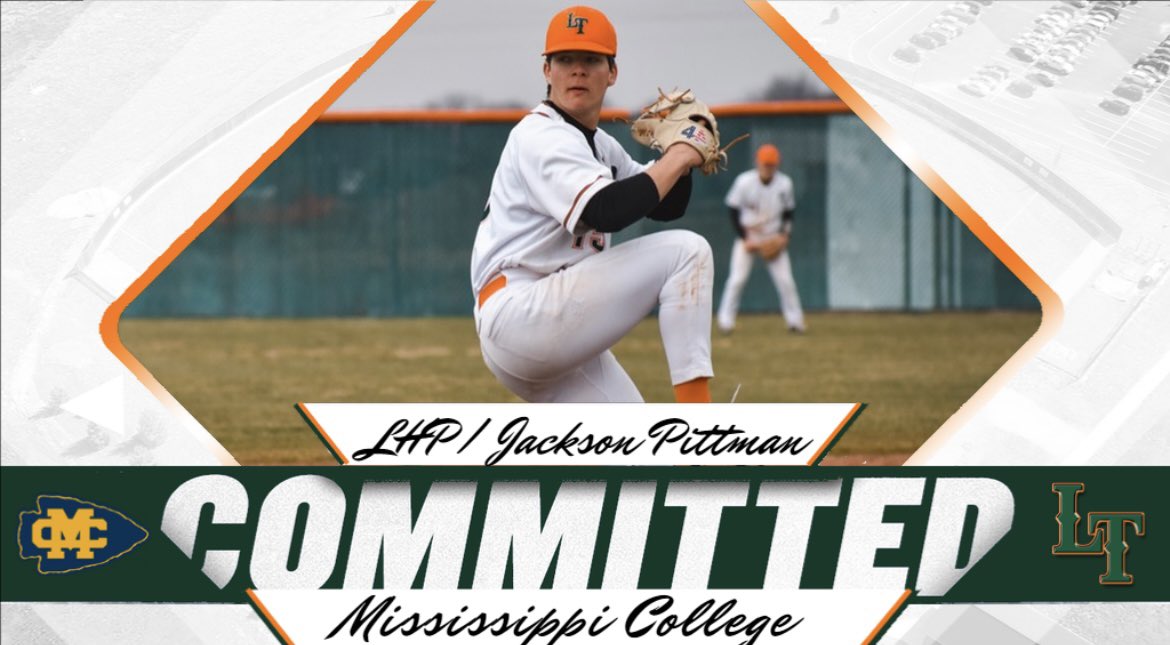 A graphic showing that Jackson Pittman has committed to Mississippi College. It shows Pittman pitching with logos for Lincoln Trail College and Mississippi College.