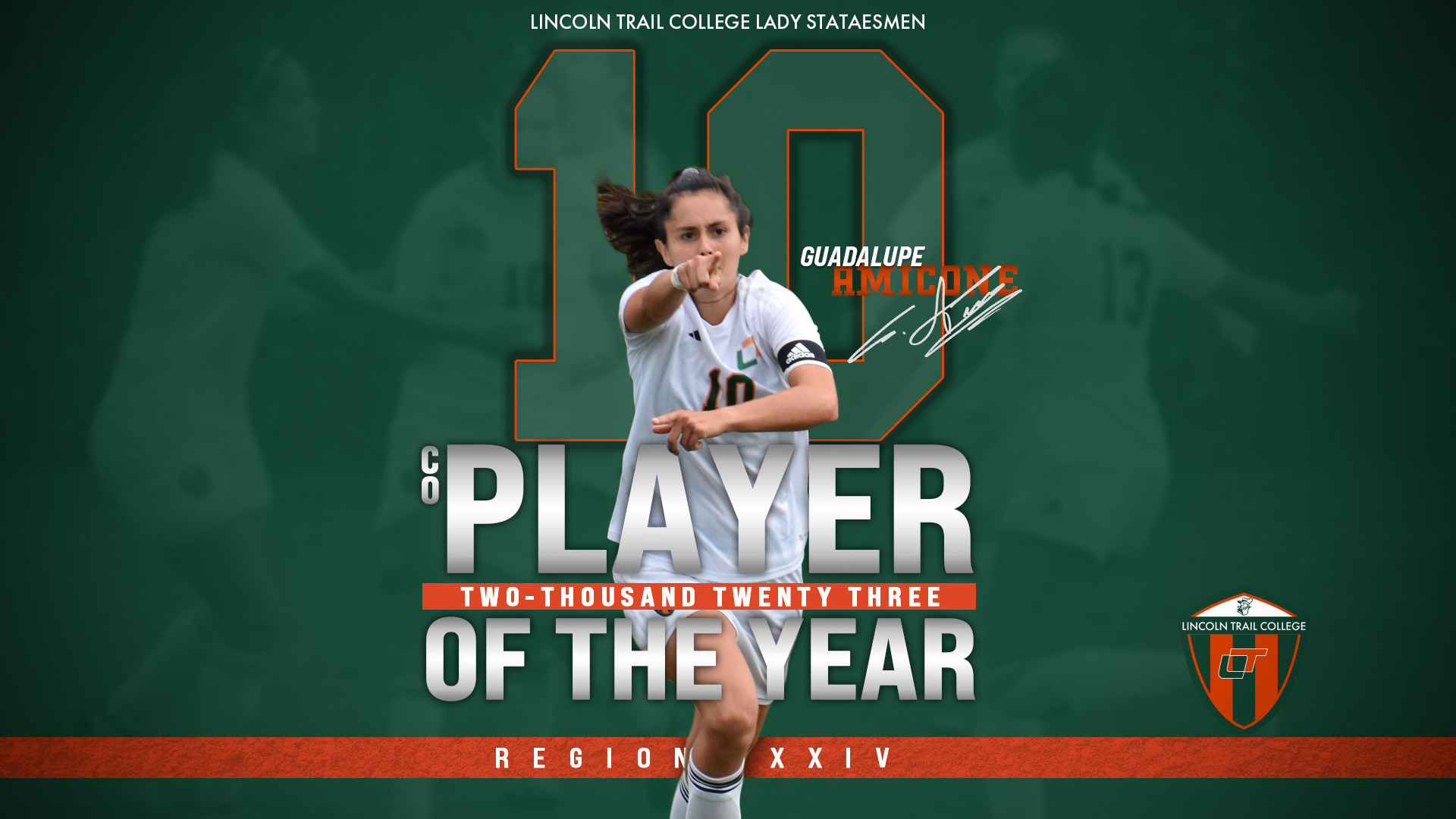 A graphic featuring 2023 Region 24 Co-Player of the Year Guadalupe Amicone. She is shown celebrating after a goal pointing forward.